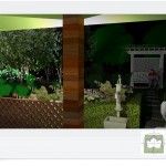 Projekt ogrodu działkowego- widok z tarasu nocą.